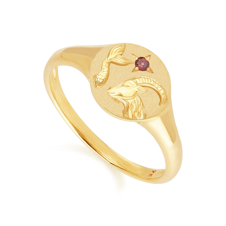 Bague Chevalière Zodiaque Capricorne en Or Jaune 9ct avec un Grenat