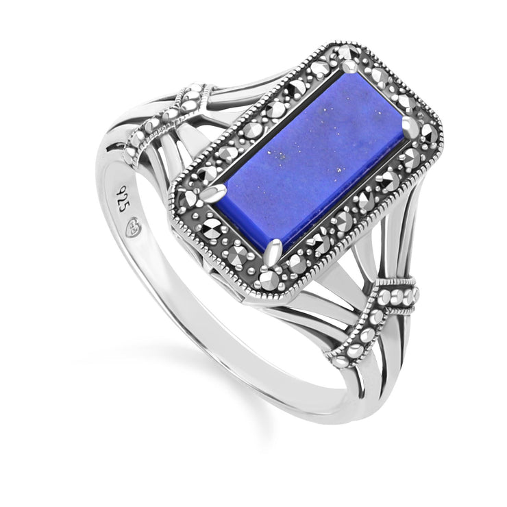 Bague Style Art Déco Octogone en Argent Sterling avec Lapis Lazuli et Marcassite
