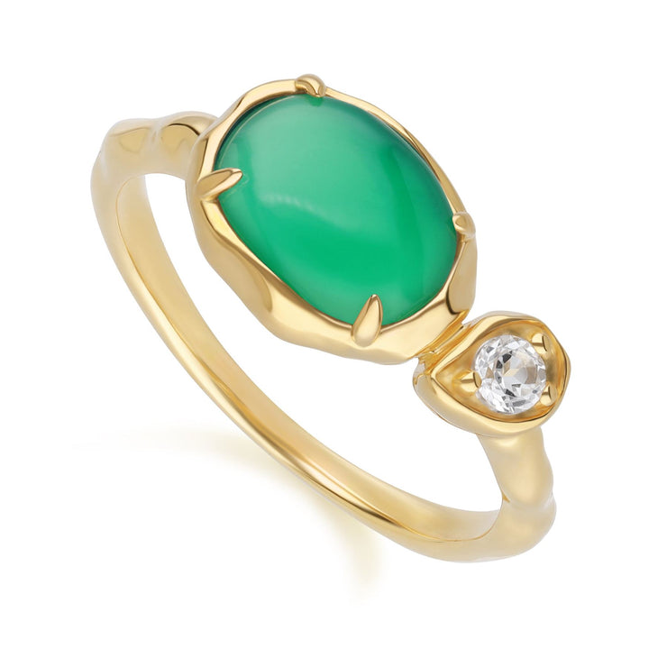 Bague Irrégulier en Argent Sterling Doré à l'Or Fin avec Calcédoine Verte Teinte Ovale et Topaze