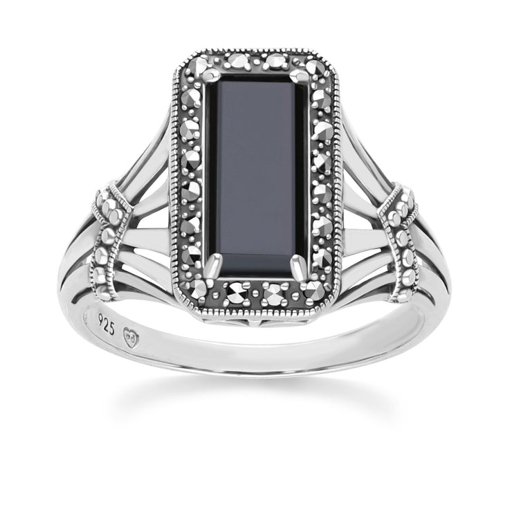 Bague Style Art Déco Octogone en Argent Sterling avec Onyx et Marcassite