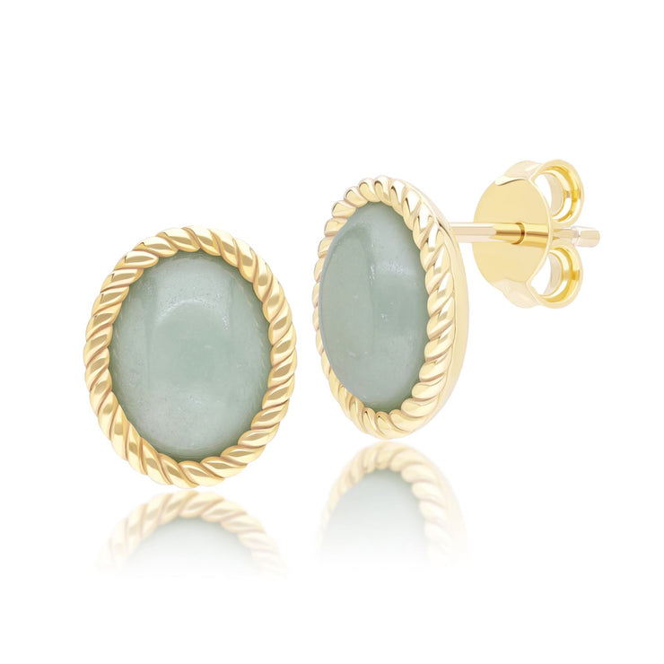 Boucles d'oreilles Clou Classique ovales avec jadéite verte en or jaune 9 carats