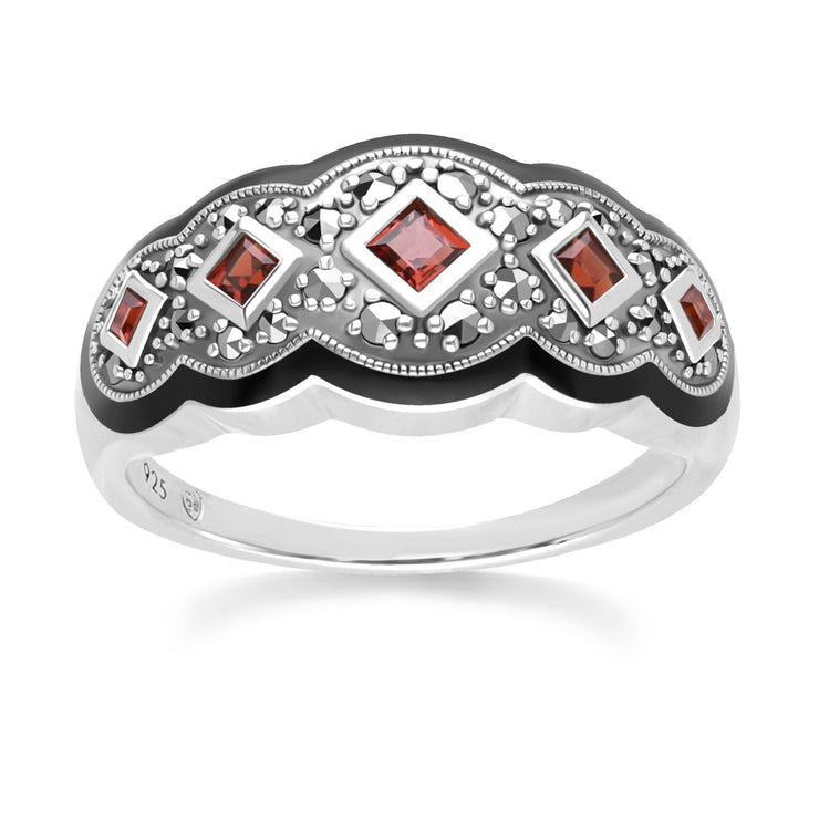 Bague Style Art Déco Carrée en Argent Sterling avec Grenat Cinq Pierres et Marcassite