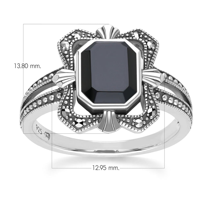 Bague Baguette Style Art Déco en Argent 925 avec Onyx et Marcassite