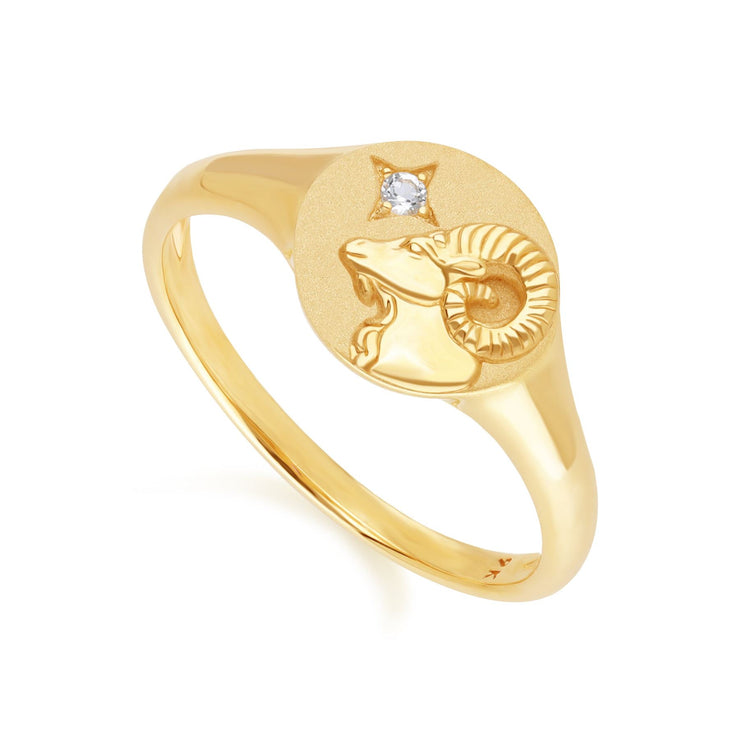 Bague Chevalière Zodiaque Bélier en Or Jaune 9ct avec un Diamant