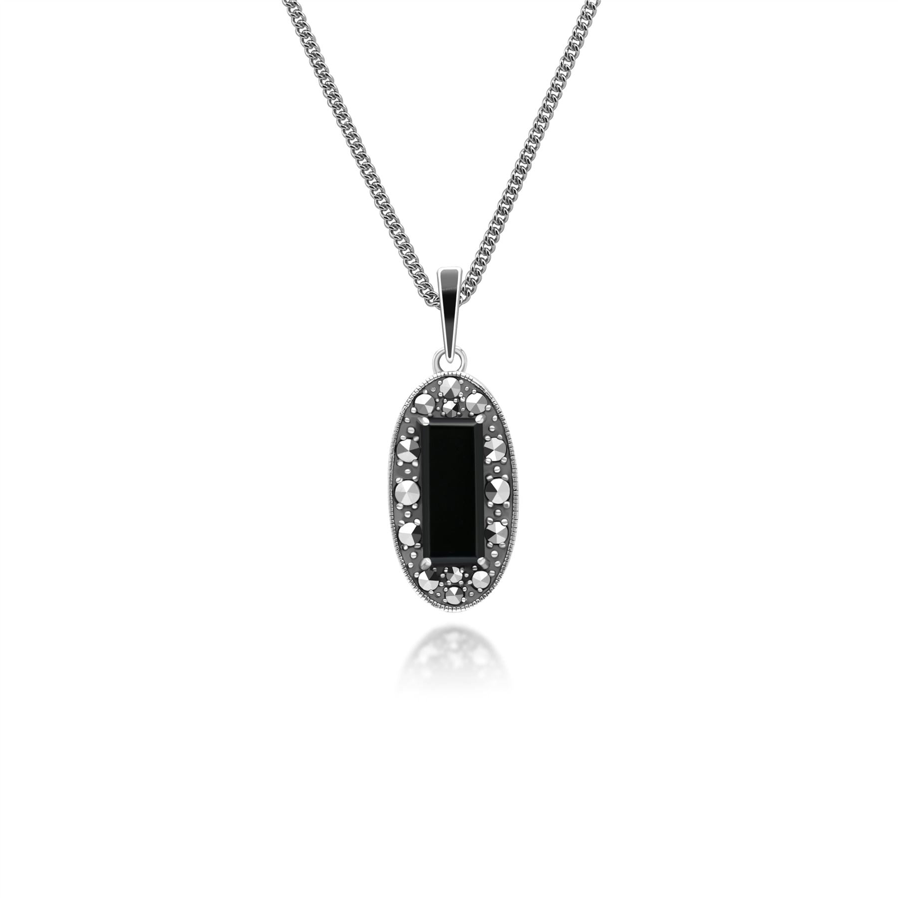 Pendentif En Argent Style Art Nouveau Avec Onyx, Rubis, Perle Et Marcassites - Bijou Neuf élégant