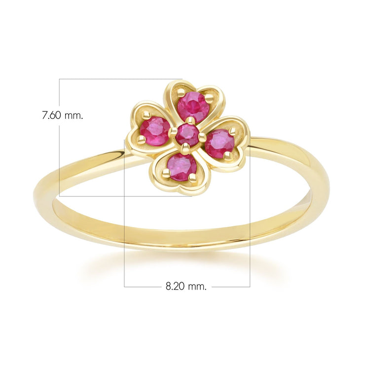 Bague Trèfle Gardenia en Or Jaune 9ct avec Rubis Rond