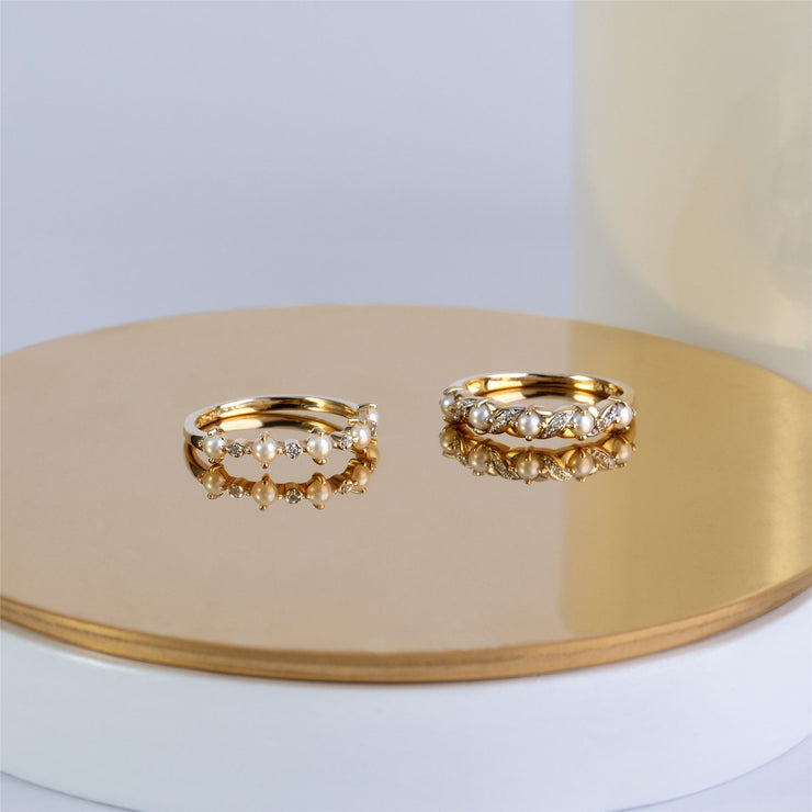 Bague Eternité Classique Style Art Nouveau en Or Jaune 9ct avec Perle et Diamant