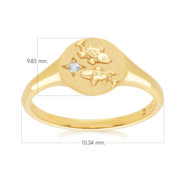Bague Chevalière Zodiaque Poisson en Or Jaune 9ct avec une Aigue-Marine