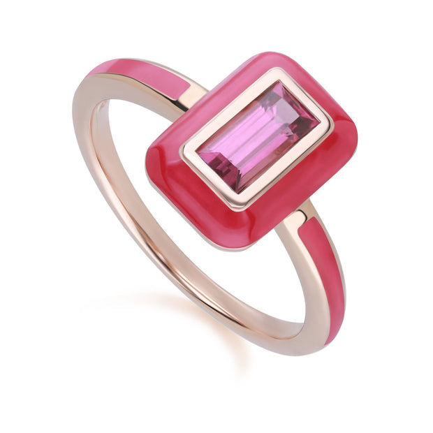 Bague Siberian Waltz en émail rose et rhodolite baguette en argent sterling doré à l'or fin rose