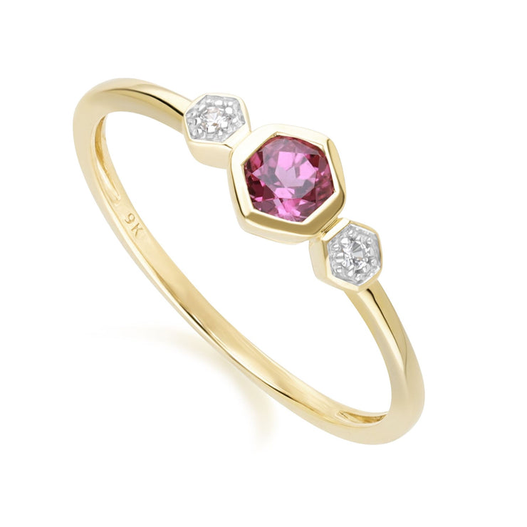 Bague Geometric Hex en Or Jaune 9ct avec Rhodolite et Saphir Ronds