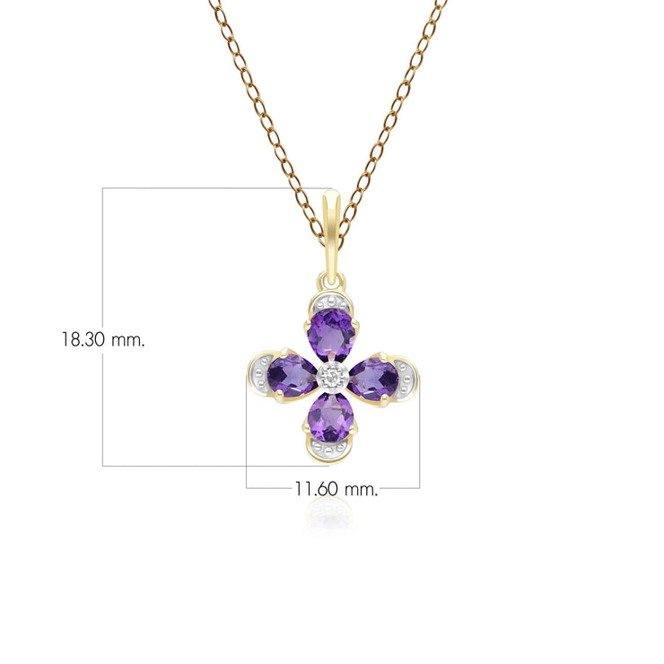 Pendentif Floral avec Améthyste & Diamant en Or Jaune 9ct