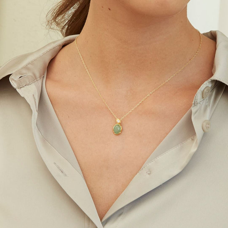 Pendentif Irrégulier en Argent Sterling Doré à l'Or Fin avec Jade Verte Teinte Ovale et Topaze