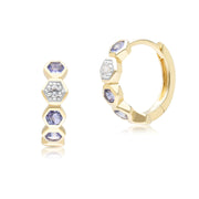 Boucles d'Oreilles Créoles Geometrique Hex en Or Jaune 9ct avec Tazanite et Saphir Ronds