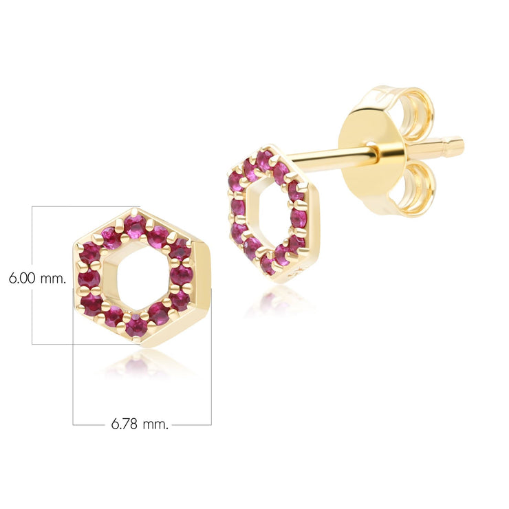 Boucles d'oreilles clou Geometric Hex en or jaune 9ct avec rubis