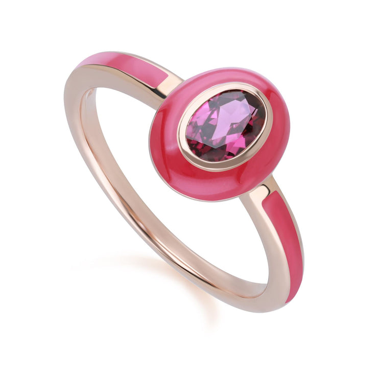 Bague Siberian Waltz en émail rose et rhodolite ovale en argent sterling doré à l'or fin rose