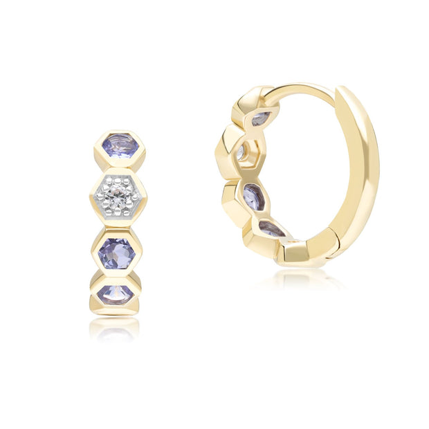 Boucles d'Oreilles Créoles Geometrique Hex en Or Jaune 9ct avec Tazanite et Saphir Ronds