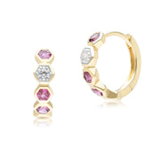 Boucles d'Oreilles Créoles Geometrique Hex en Or Jaune 9ct avec Rhodolite et Saphir Ronds