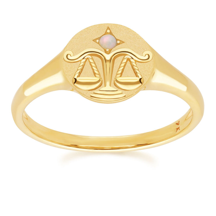 Bague Chevalière Zodiaque Balance en Or Jaune 9ct avec une Opale