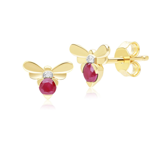 Boucles d'Oreilles Clou Abeille Style Honeycomb en Or Jaune 9ct avec Rubis et Diamant