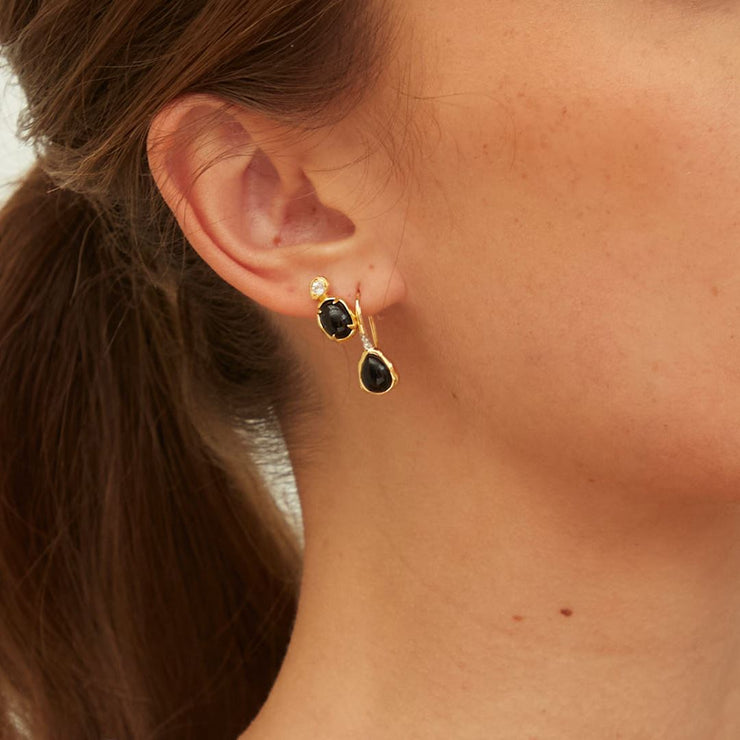 Boucles d'Oreilles Pendantes Irrégulières en Argent Massif Doré à l'Or Fin avec Onyx Noir Ovale et Topaze