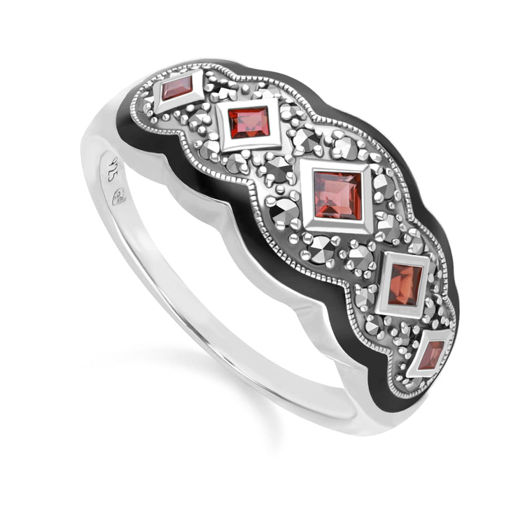 Bague Style Art Déco Carrée en Argent Sterling avec Grenat Cinq Pierres et Marcassite
