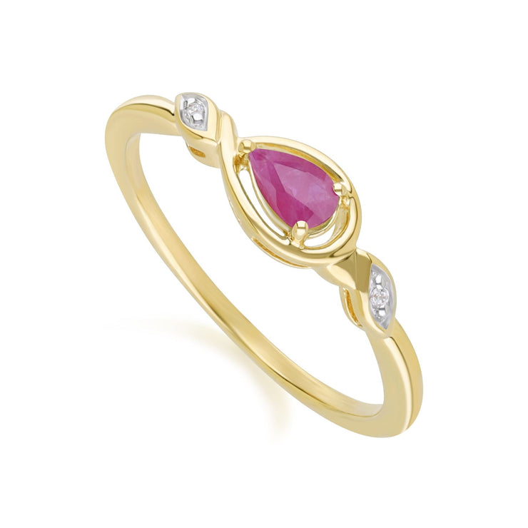 Bague Classique en Or Jaune 9ct avec Rubis Poire et Diamants