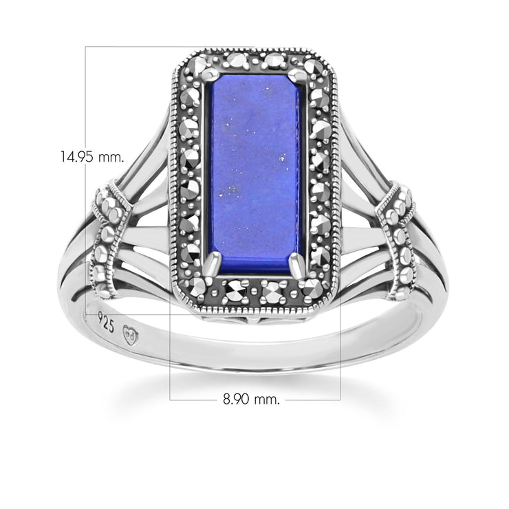 Bague Style Art Déco Octogone en Argent Sterling avec Lapis Lazuli et Marcassite