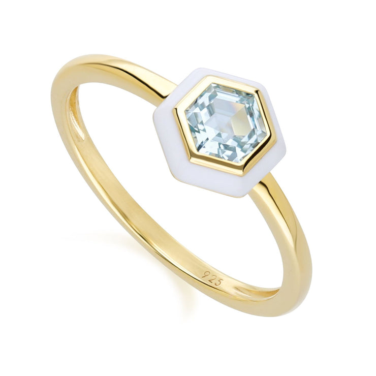 Bague Geometric Hex avec topaze bleue et émail blanc en argent sterling doré à l'or fin