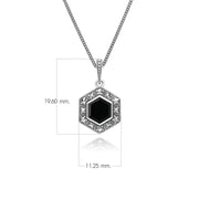 Pendentif Style Art Déco en Argent Sterling 925 avec Onyx Hexagone et Marcassite