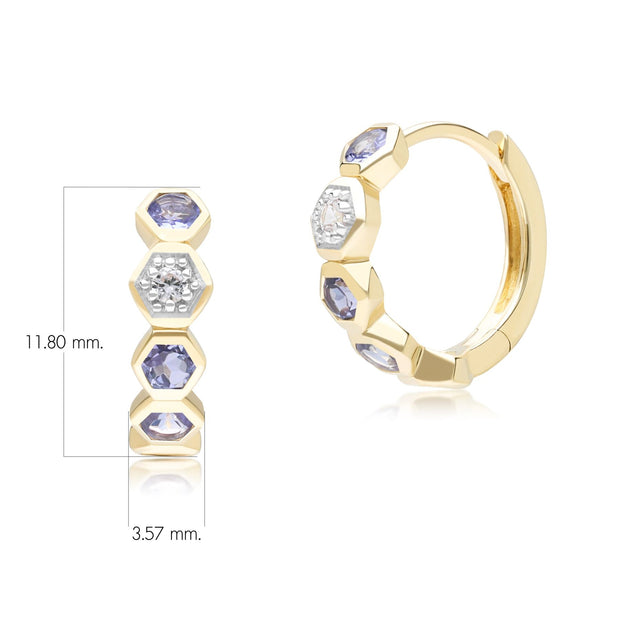 Boucles d'Oreilles Créoles Geometrique Hex en Or Jaune 9ct avec Tazanite et Saphir Ronds