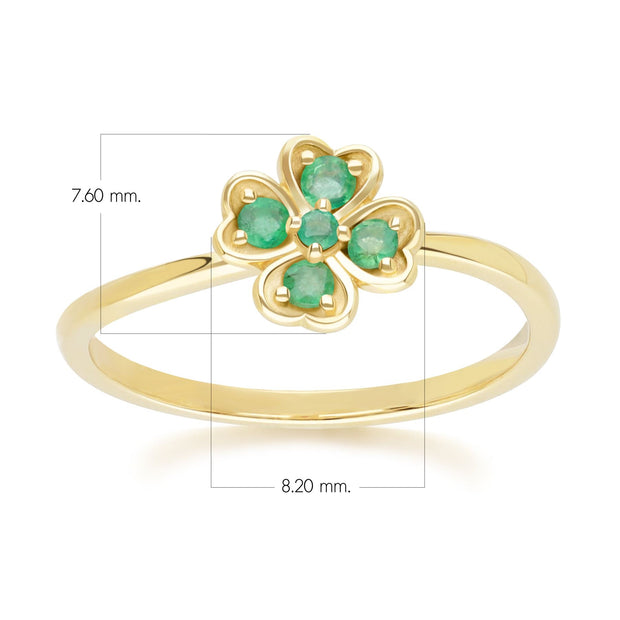 Bague Trèfle Gardenia en Or Jaune 9ct avec Emeraude Ronde