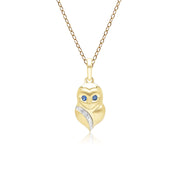 Pendentif Gardenia Chouette en Or Jaune 9ct avec Saphir Bleu et Saphir Blanc