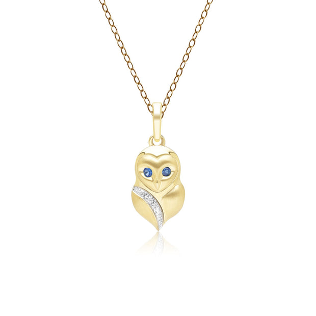 Pendentif Gardenia Chouette en Or Jaune 9ct avec Saphir Bleu et Saphir Blanc