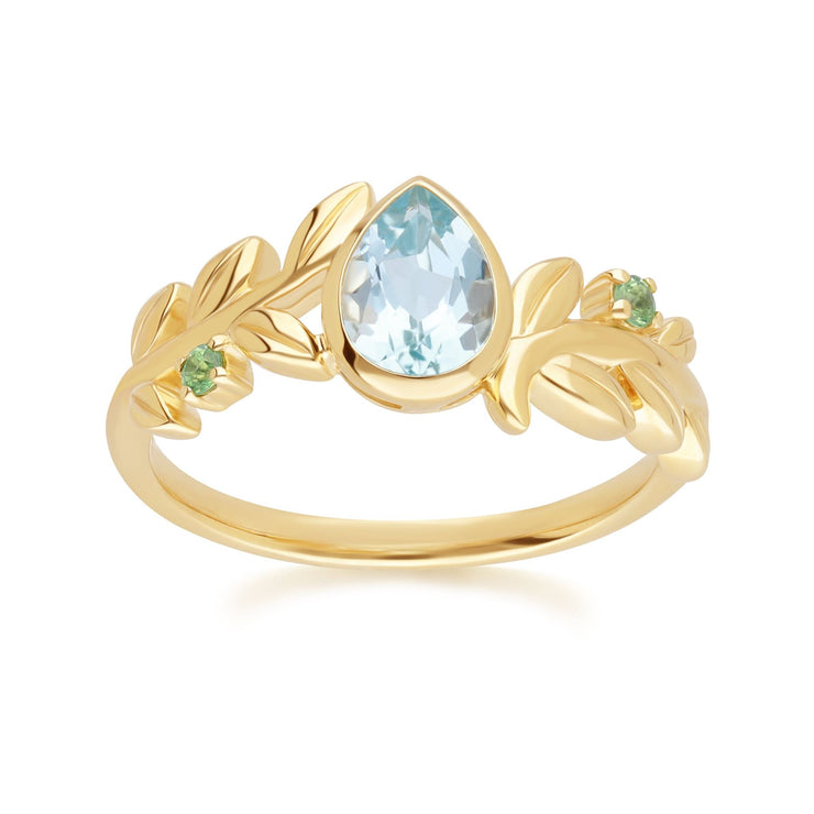 Bague O Leaf en Or Jaune 9ct avec Topaze Bleu et Tsavorite