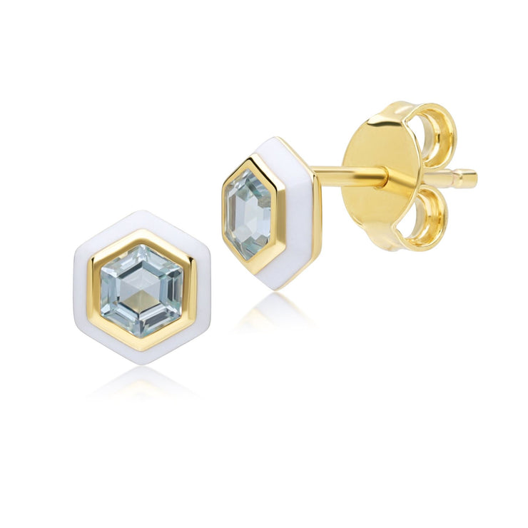 Boucles d'oreilles clou Geometric Hex avec topaze bleue et émail blanc en argent sterling doré à l'or fin