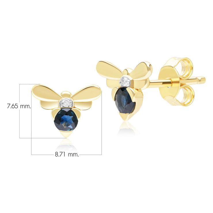 Boucles d'Oreilles Clou Abeille Style Honeycomb en Or Jaune 9ct avec Saphir bleu et Diamant