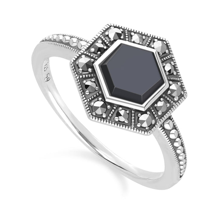 Bague Style Art Déco en Argent Sterling 925 avec Onyx Hexagone et Marcassite