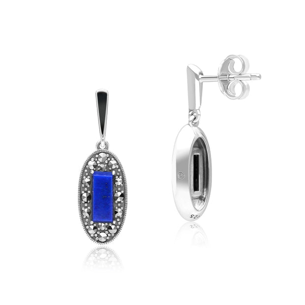 Boucles d'Oreilles Pendantes Style Art Déco Oval en Argent Sterling avec Lapis Lazuli, Marcassite et Email Noir
