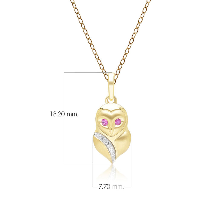 Pendentif Gardenia Chouette en Or Jaune 9ct avec Rubis et Saphir Blanc