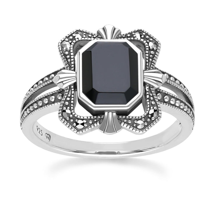 Bague Baguette Style Art Déco en Argent 925 avec Onyx et Marcassite