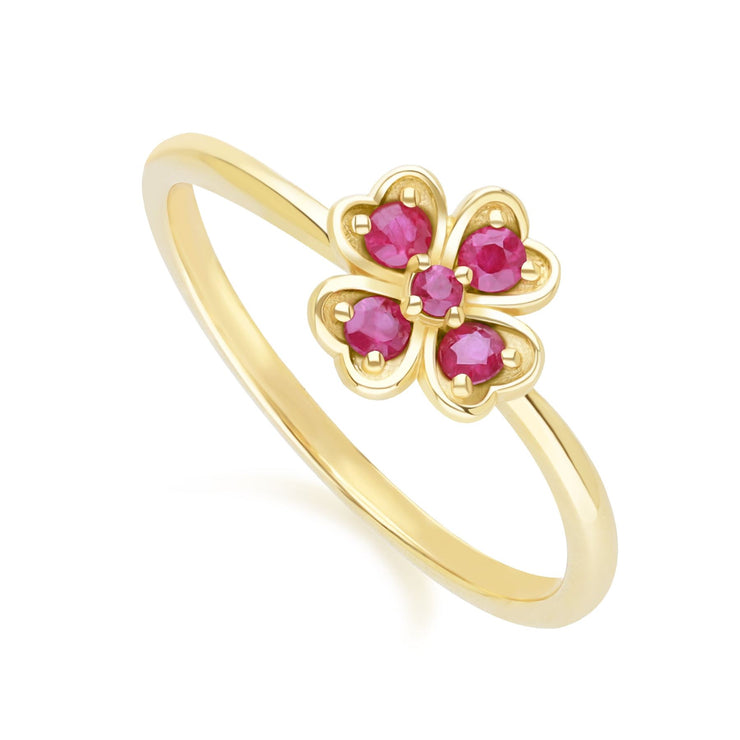 Bague Trèfle Gardenia en Or Jaune 9ct avec Rubis Rond