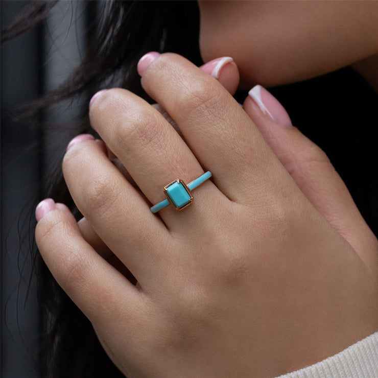 Bague Siberian Waltz En Émail Bleu Et Turquoise Octogonale En Or Vermeil Rose