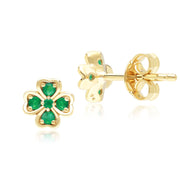 Boucles d'Oreilles Clou Trèfle Gardenia en Or Jaune 9ct avec Emeraudes Rondes