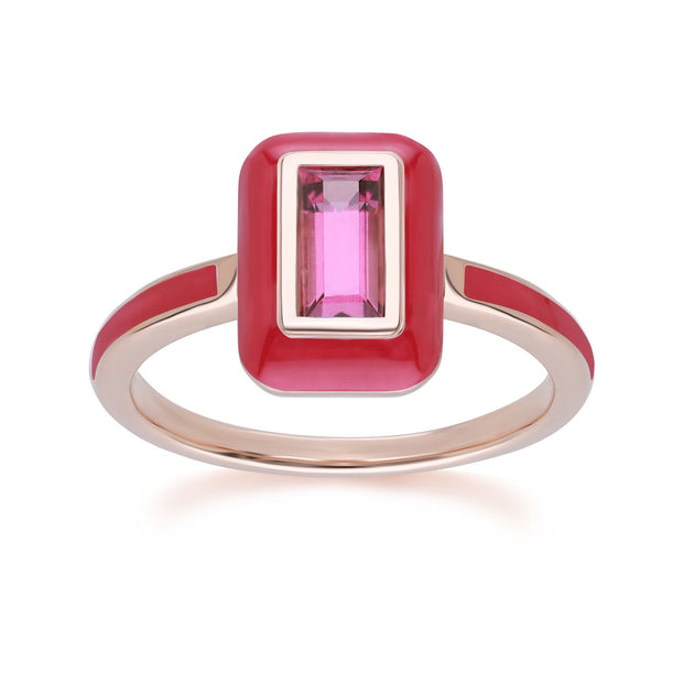 Bague Siberian Waltz en émail rose et rhodolite baguette en argent sterling doré à l'or fin rose