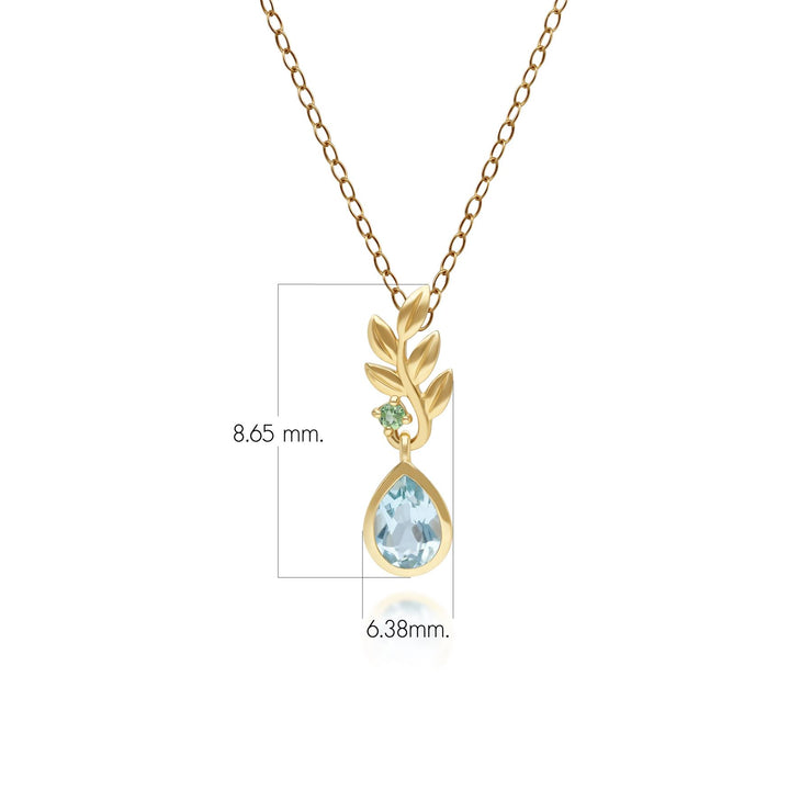 Pendentif O Leaf en Or Jaune 9ct avec Topaze Bleu et Tsavorite