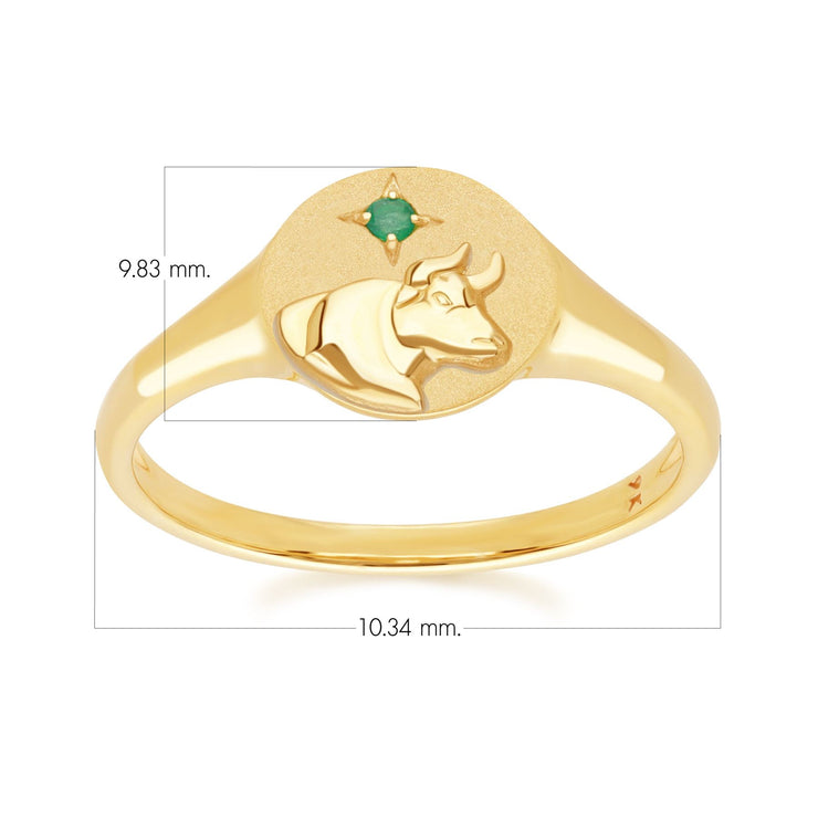 Bague Chevalière Zodiaque Taureau en Or Jaune 9ct avec une Emeraude