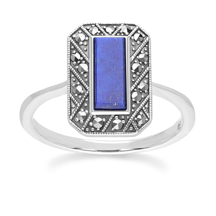 Bague Style Art Déco Rectangle en Argent Sterling avec Lapis Lazuli et Marcassite