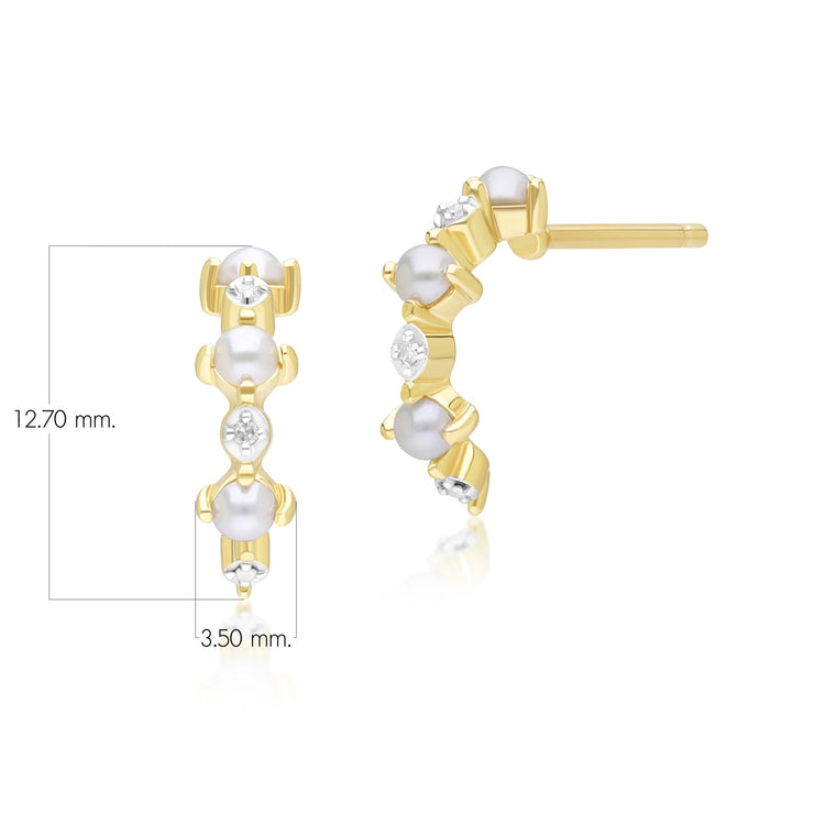 Boucles d'Oreilles Eternité Demi-Créoles Classique en Or Jaune 9ct avec Perle et Diamant