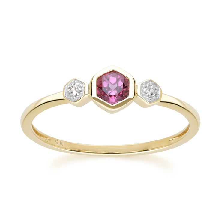 Bague Geometric Hex en Or Jaune 9ct avec Rhodolite et Saphir Ronds