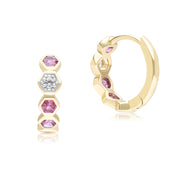 Boucles d'Oreilles Créoles Geometrique Hex en Or Jaune 9ct avec Rhodolite et Saphir Ronds